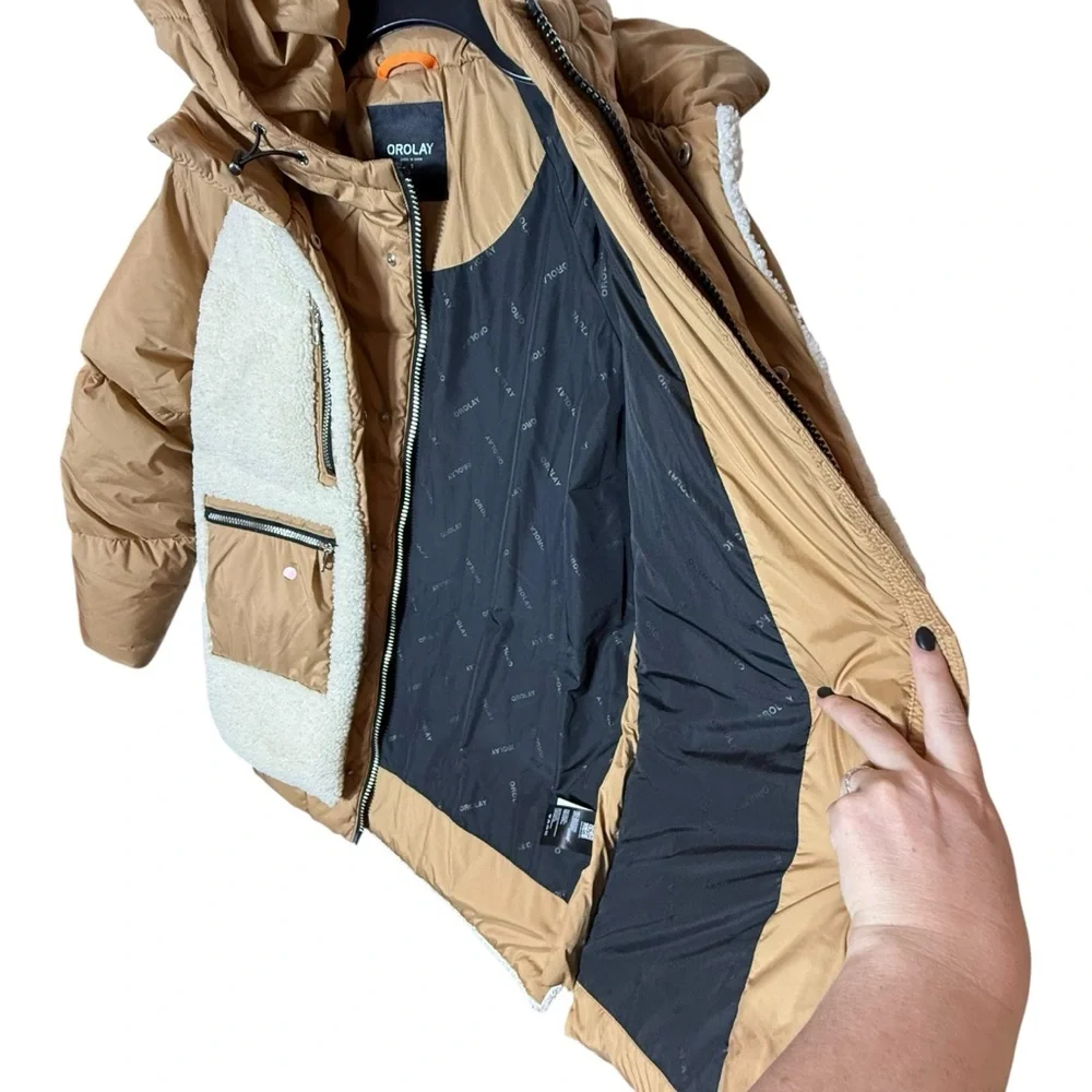 Orolay 092 O-Lab Fuzzy Fleece Puffer Down Jacket • Khaki Sherpa • Size Small - Picture 9 of 16